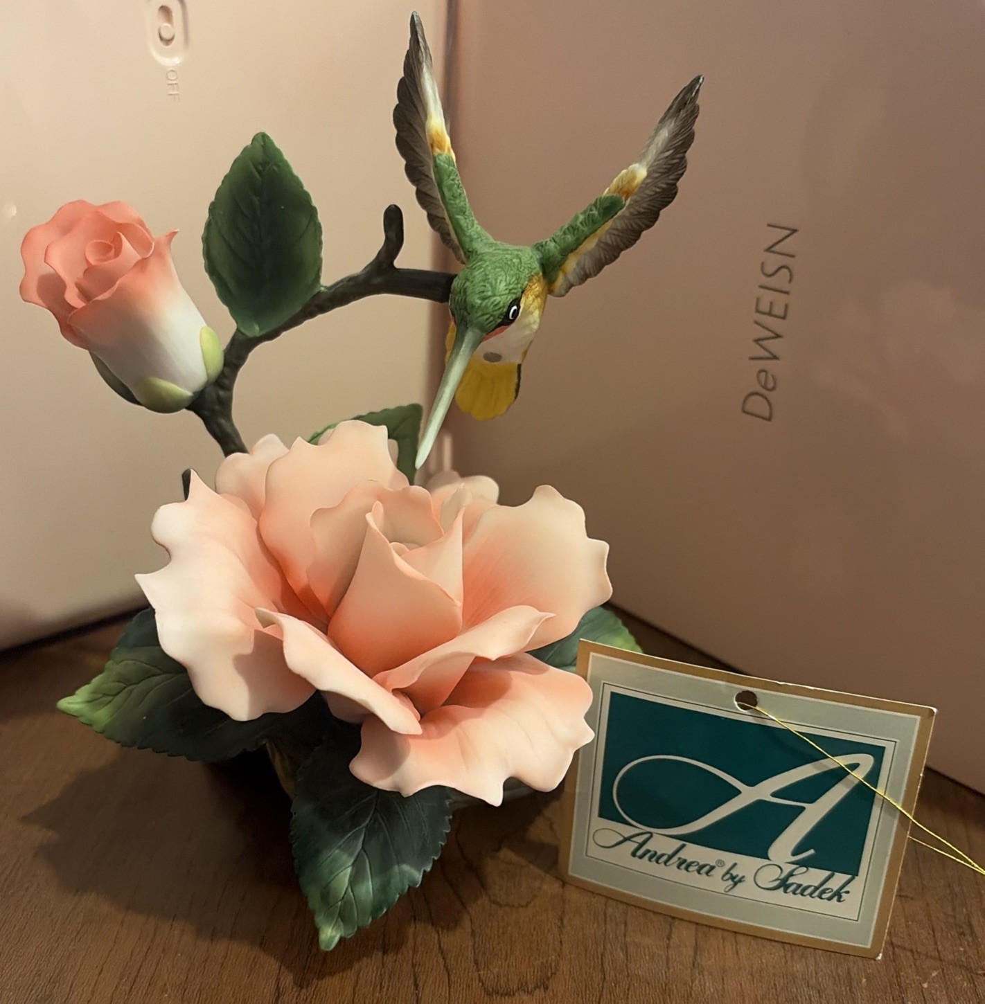 Vintage Andrea by Sadek HUMMINGBIRD & ROSE Porcelain Figurine, NWT
