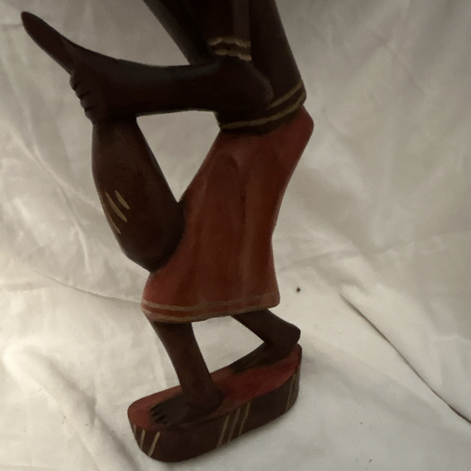 Hand Carved Painted Wood Woman Figurine Carrying Bowl on Head Brown Red