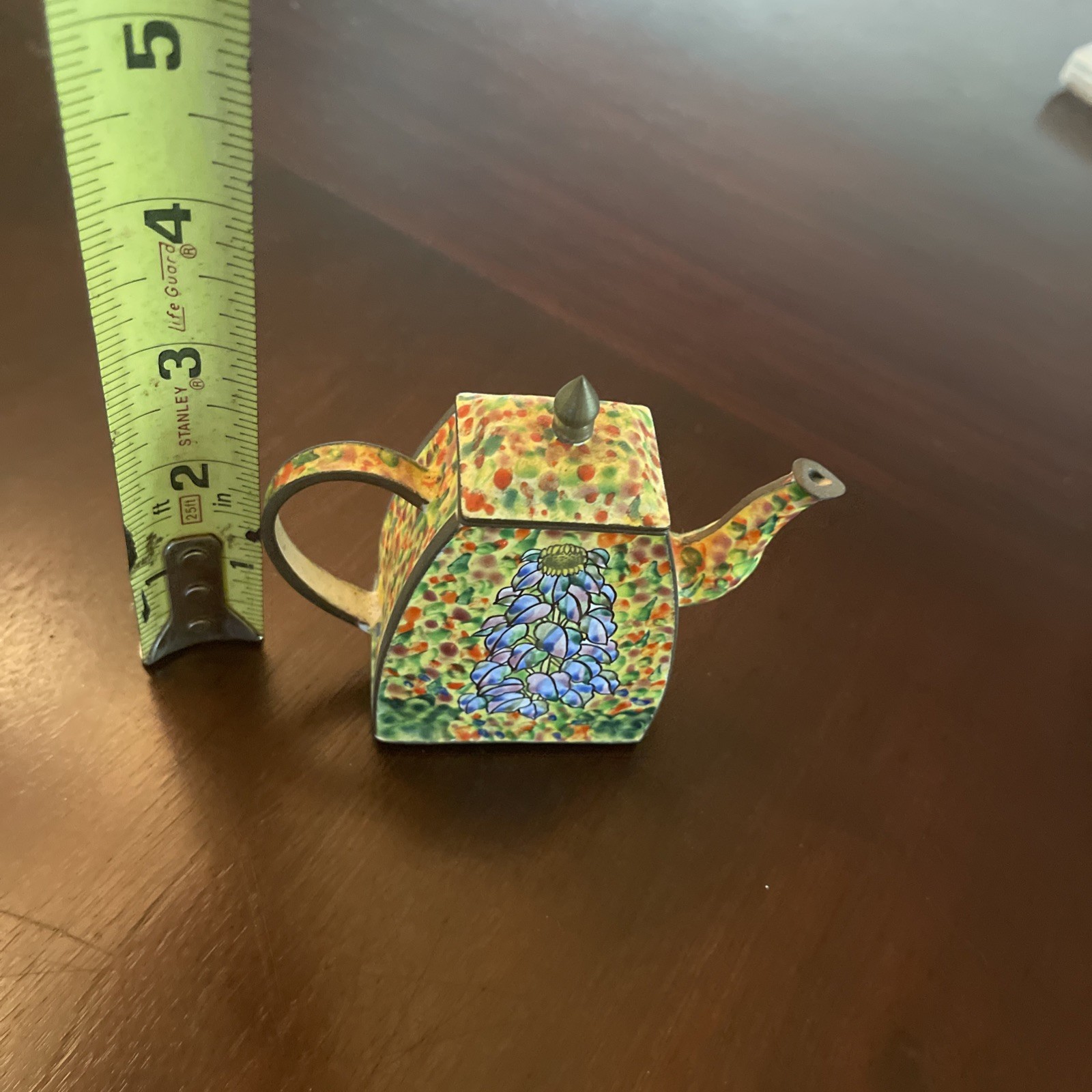 ? KELVIN CHEN Hand Painted Enamel On Copper Floral Miniature Teapot Figurine
