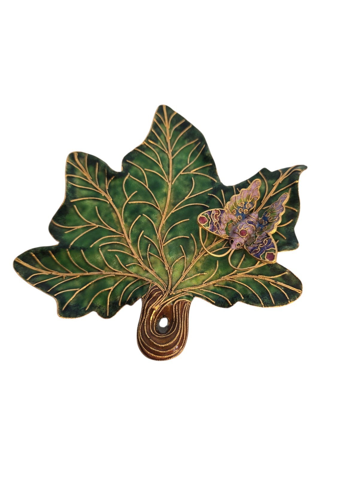 Cloisonne Enamel Leaf with Butterfly Figurine Decoration