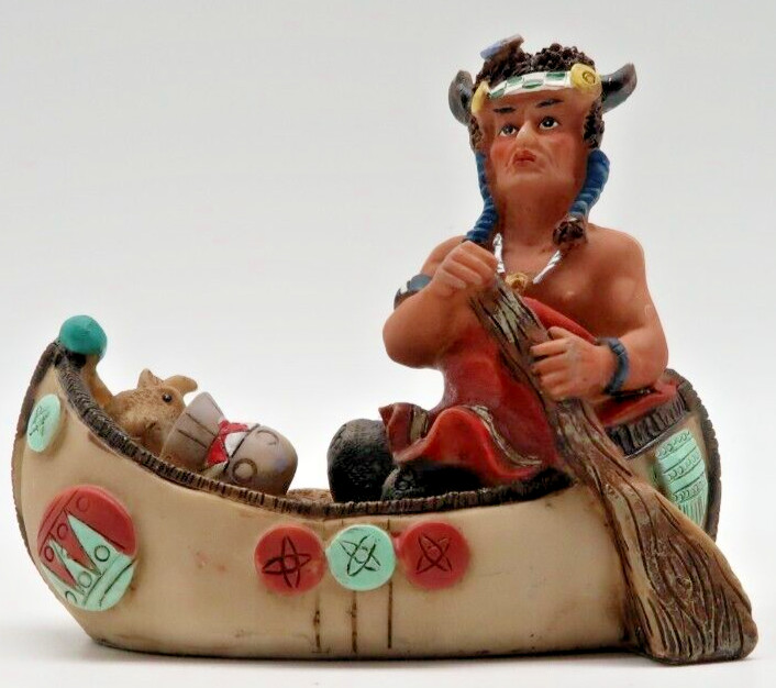 K’s Collection Native American Warrior Figurine In Boat Canoe 3.5 X 3.25 Resin