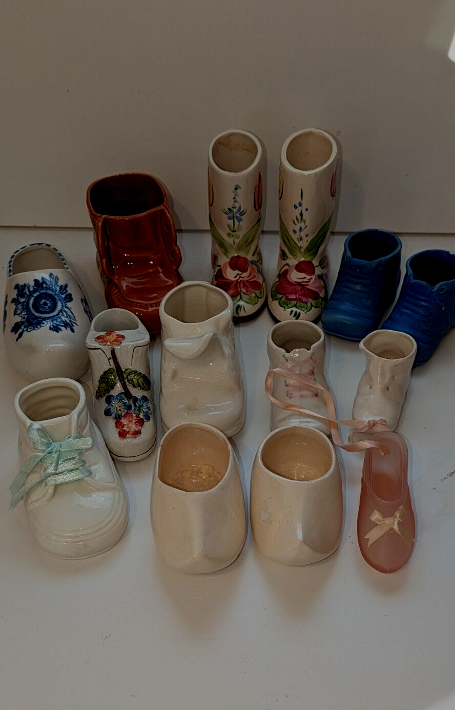 Collection of 14 MINIATURE PORCELAIN, CERAMIC, GLASS, SHOES/BOOTS