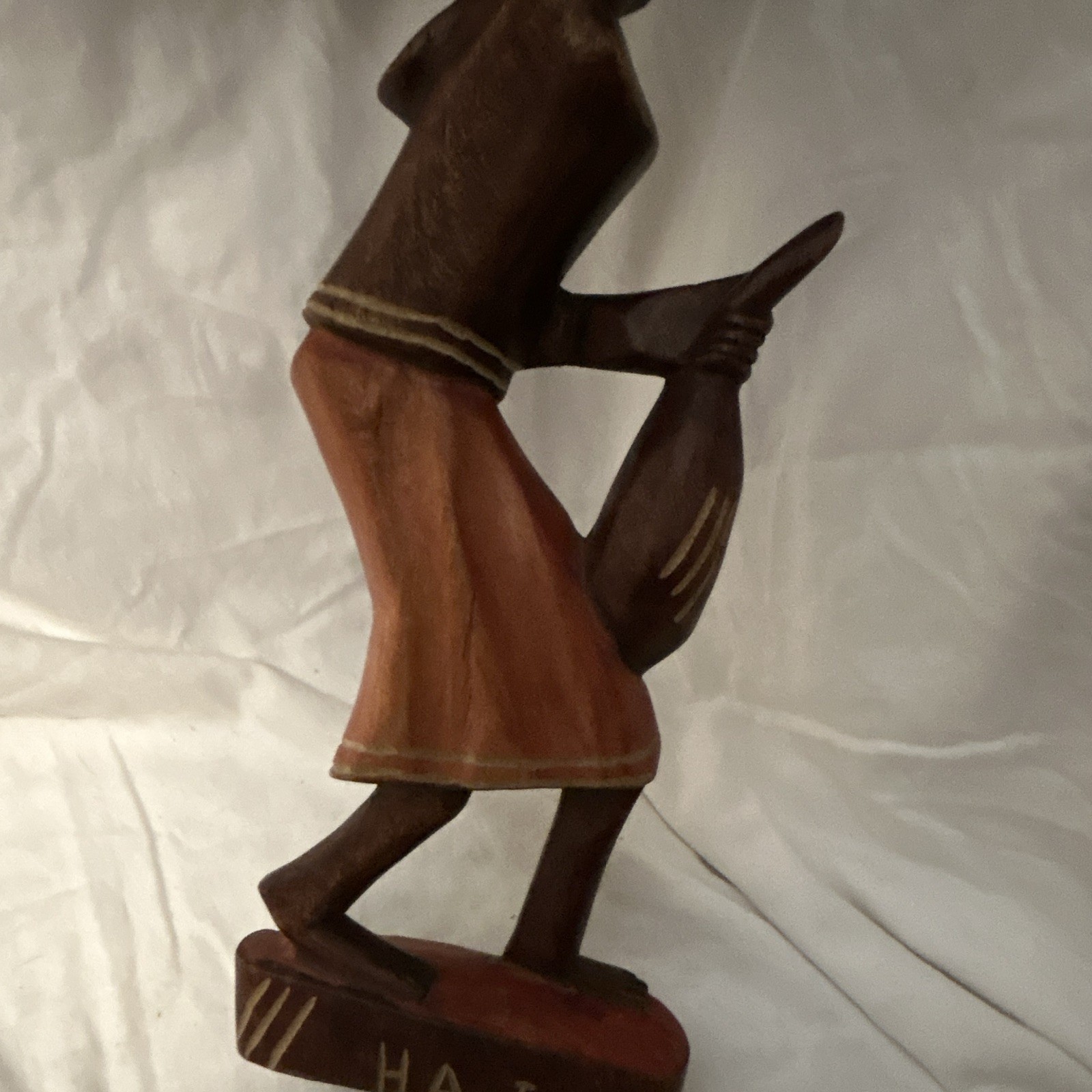 Hand Carved Painted Wood Woman Figurine Carrying Bowl on Head Brown Red