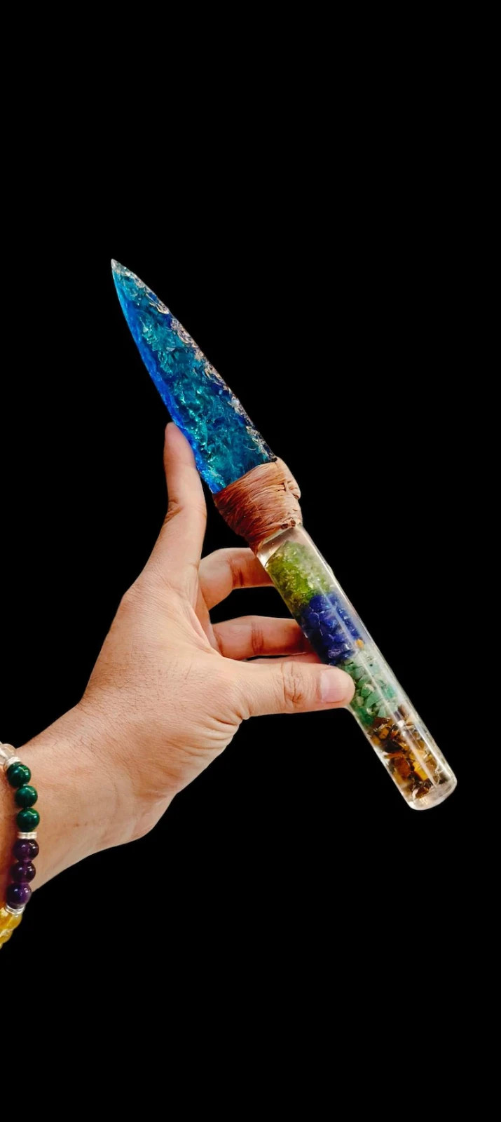 11″ Aqua Obsidian Crystal Resin Spearhead Blade, Orgonite Gemstone Handle, Gift