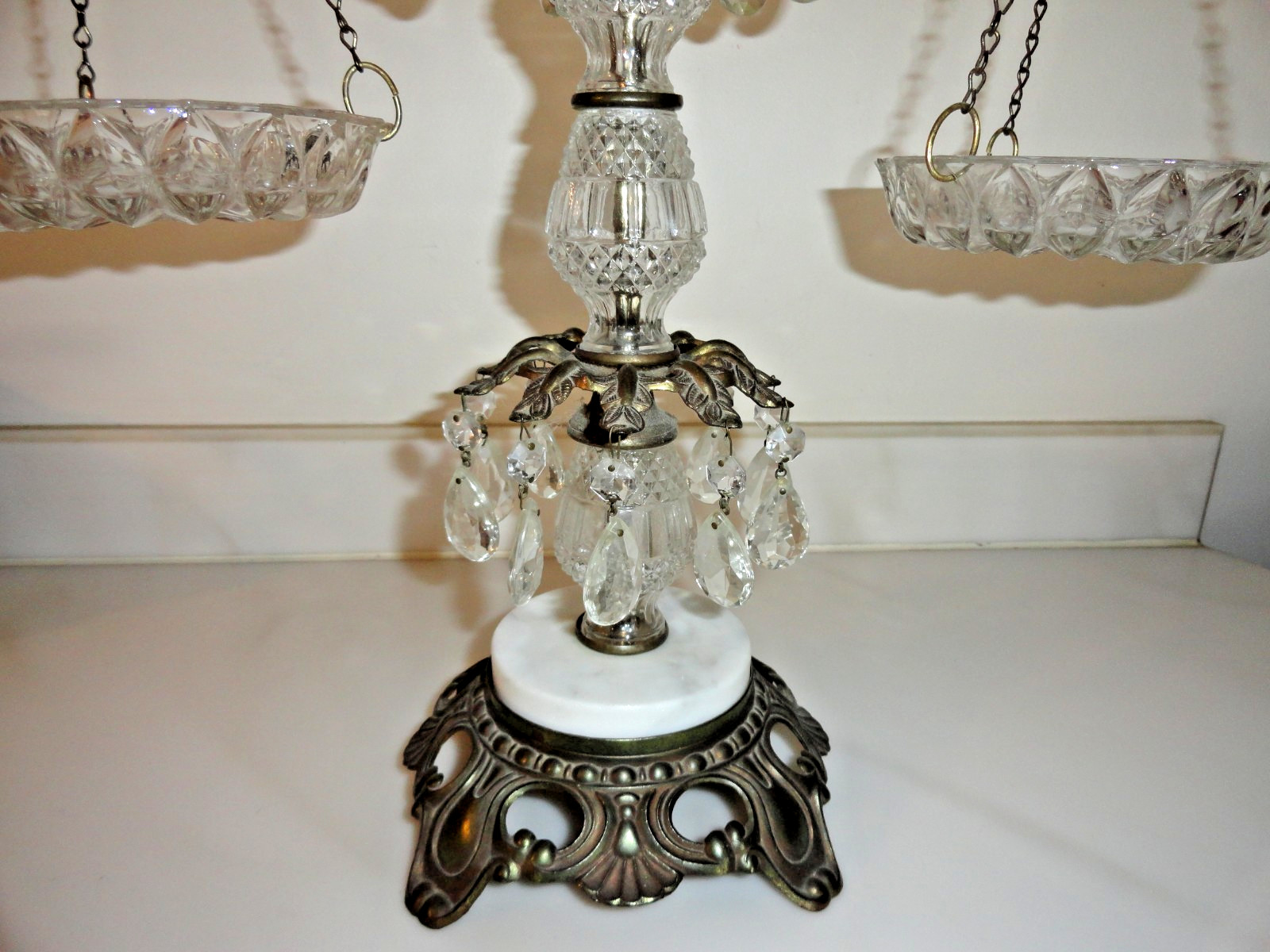 Vintage Scale Of Justice Crystal Brass Prisms Marble Base Regency Law 23” Tall