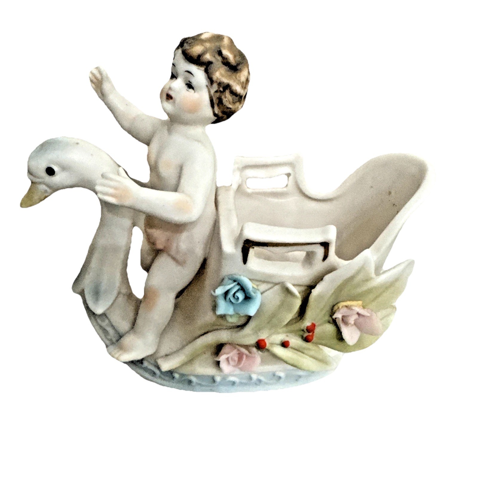 Angel Swan Porcelain Bisque Trinket Dish Planter Vase MCM Kitsch Japan Floral
