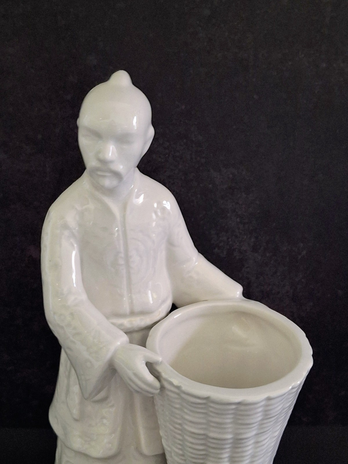 Fitz & Floyd White Blanc de Chine Character Chinoiserie Asian Man w/Basket 7.5”
