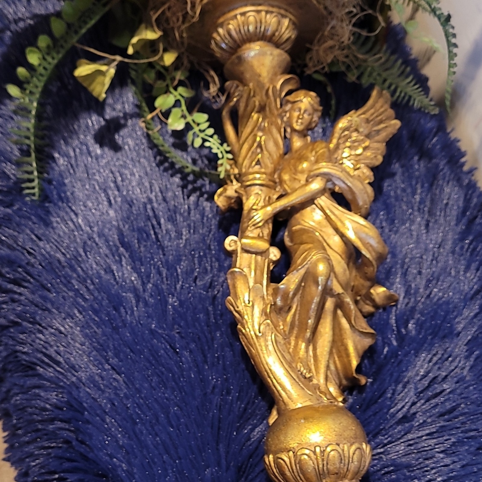 Gold Metallic Metal Angel Figurine Pedestal w/ Floral Arrangement, 3D Effect
