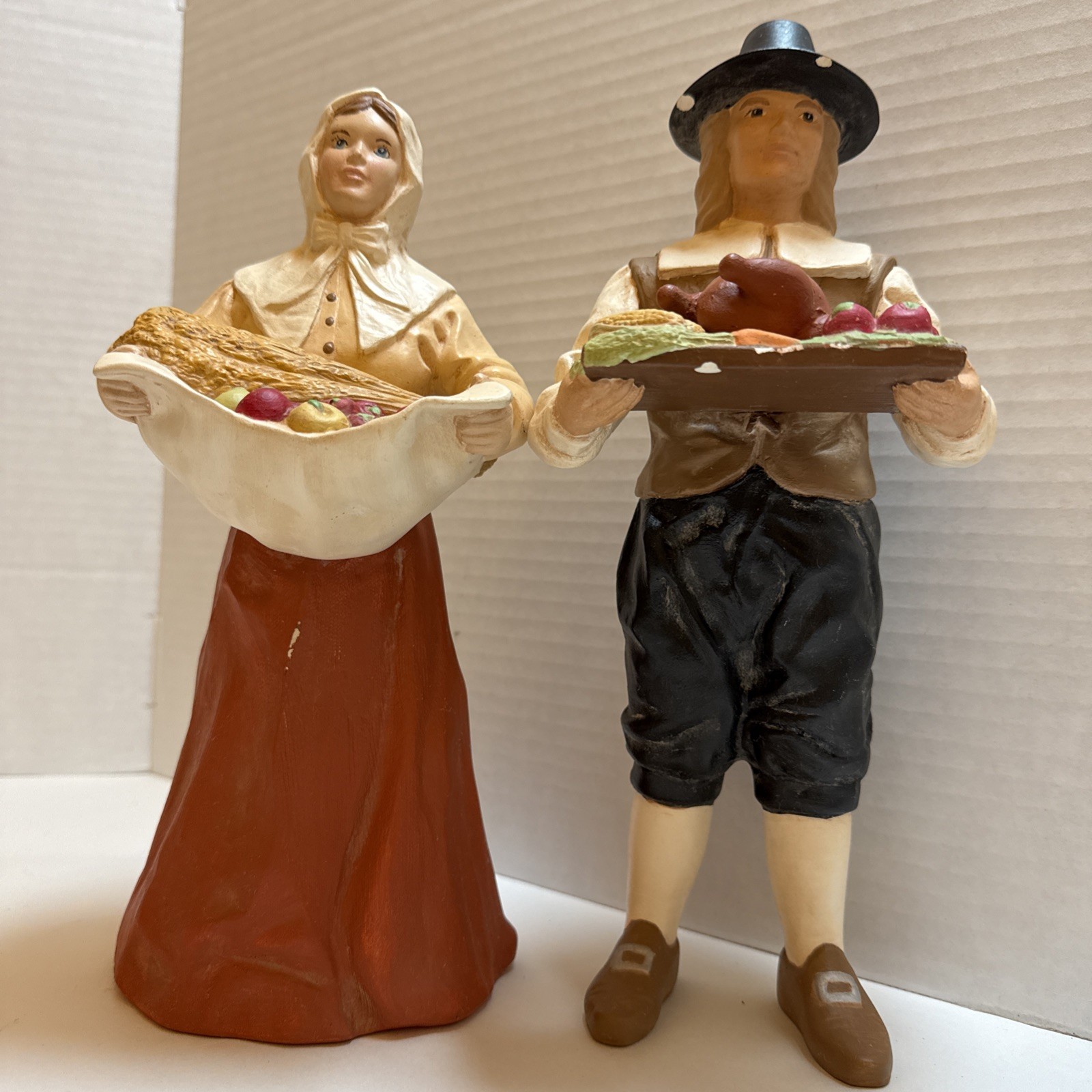 Vintage Pilgrim Thanksgiving Decor Painted Figurines 11″ Female 12″ -mid-1990s