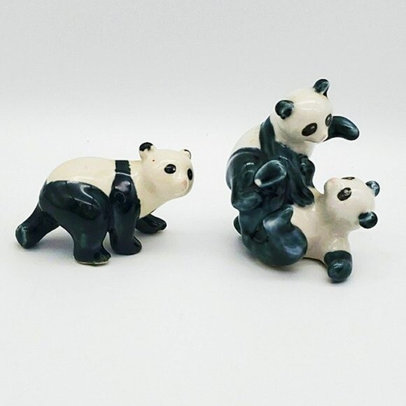 Panda Cub China/Porcelain 2 Figurines Wrestling & Walking Impressed Mark Vintage
