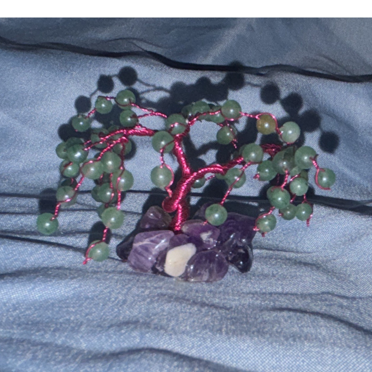 Gemstone Wire Tree Figurine Green Purple Stone Base Nature Theme 3D Effect