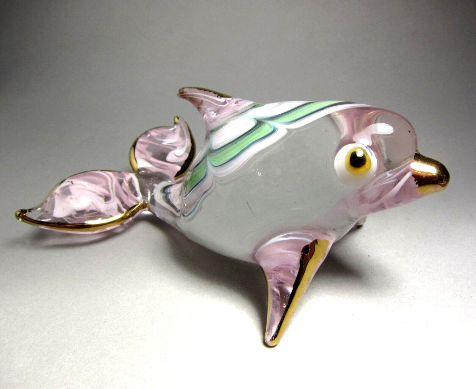 Pink Dolphin figurine handmade blown art glass gold trim 3.5 inches Gift decor