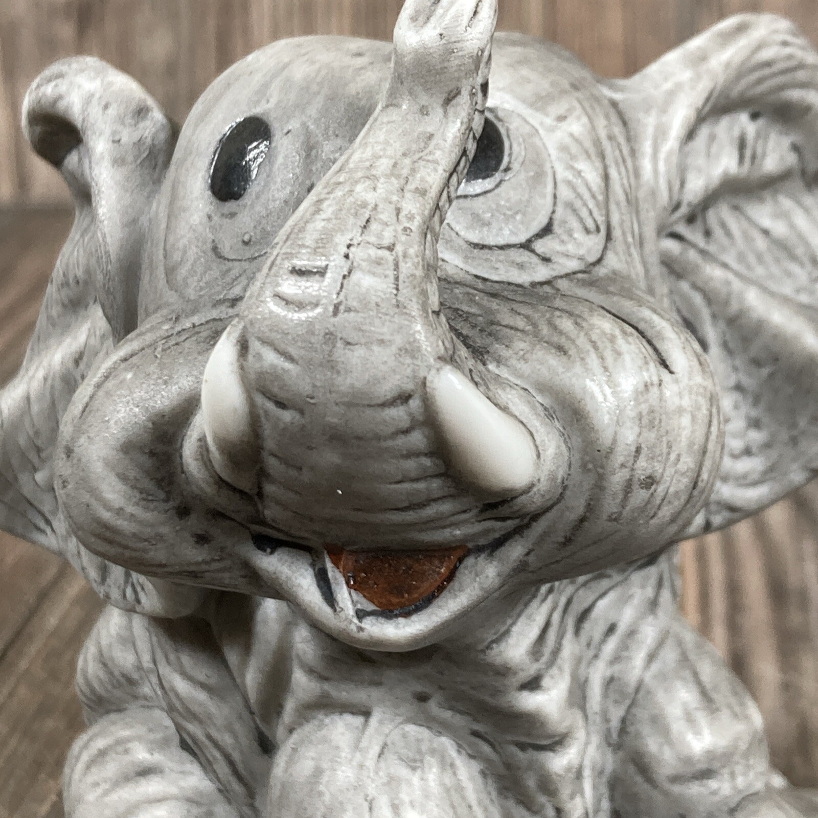 Elephant Baby Sitting Figurine Ceramic Trunk Up Gray Hand Painted 4in Taiwan