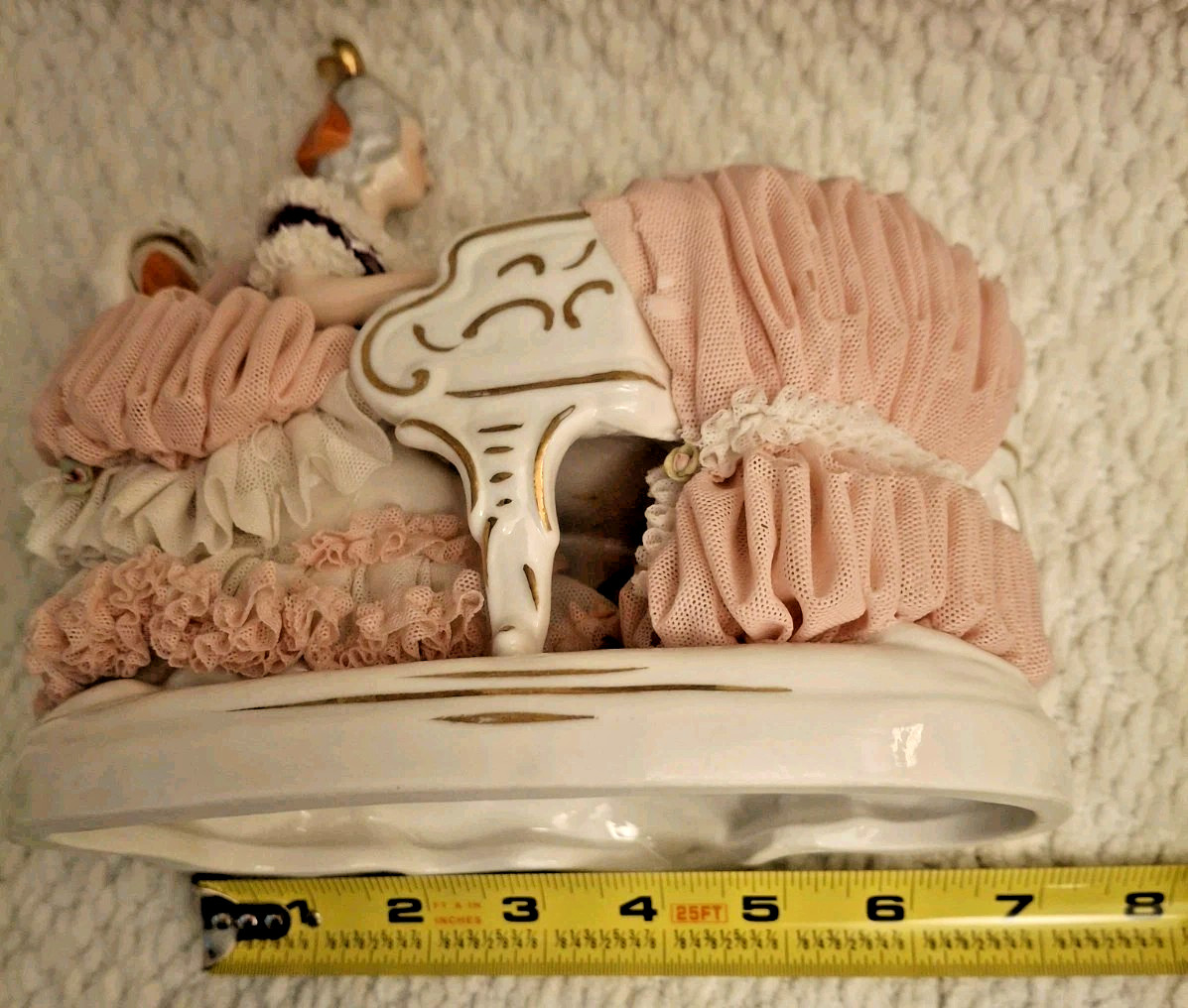 Dresden Lady (Playing Piano) in Pink & White Lace Dipped In Porcelain Germany