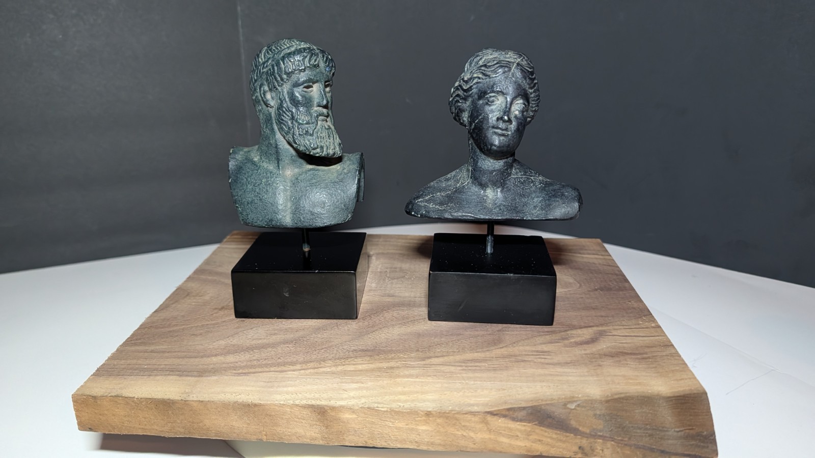 Pair Vintage Greek Roman God Goddess Bronze Verdigris Bust Sculptures .