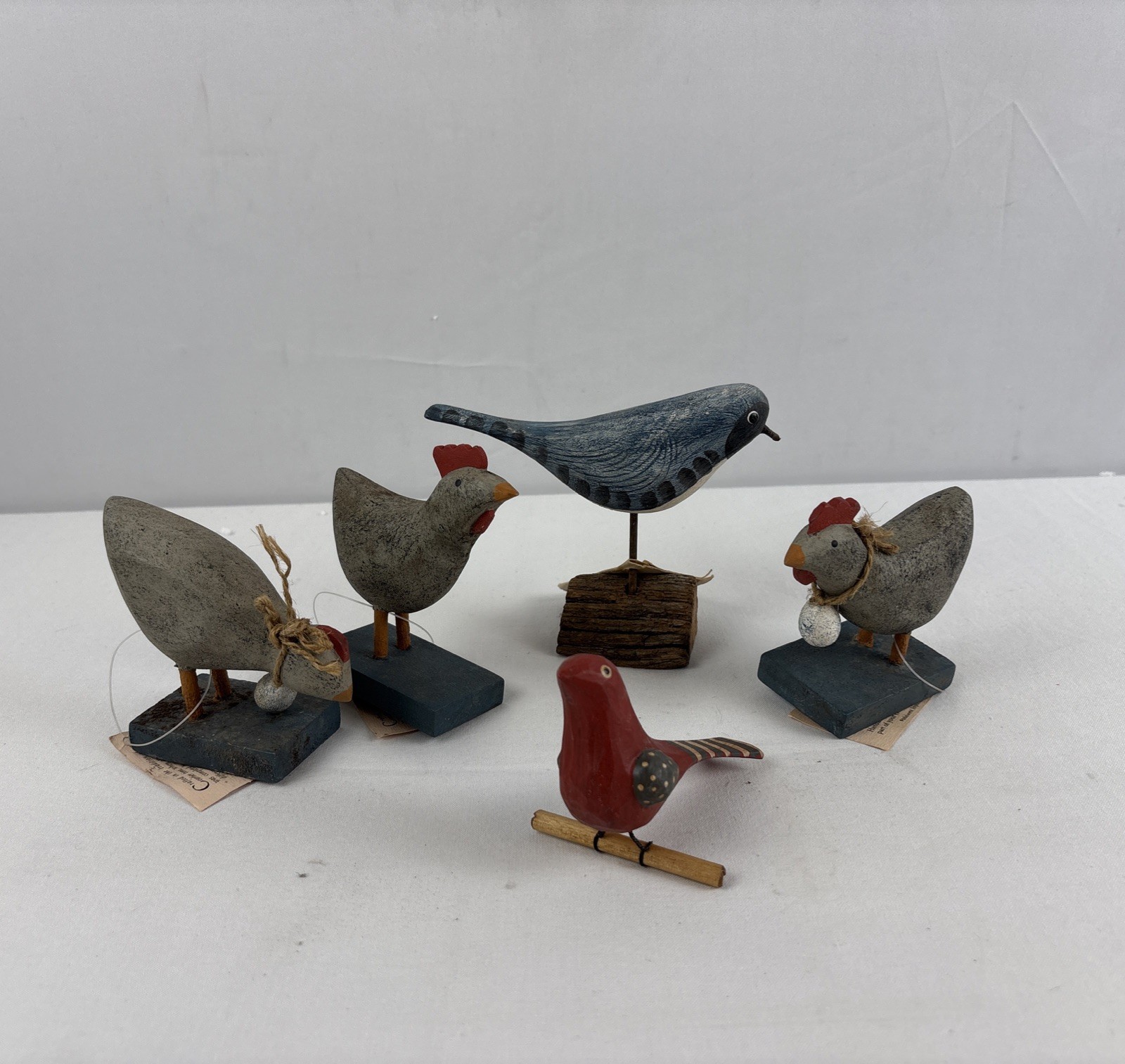 Richard Morgan Wooden Birds With Tags Set Of 5 Hand Painted Figures