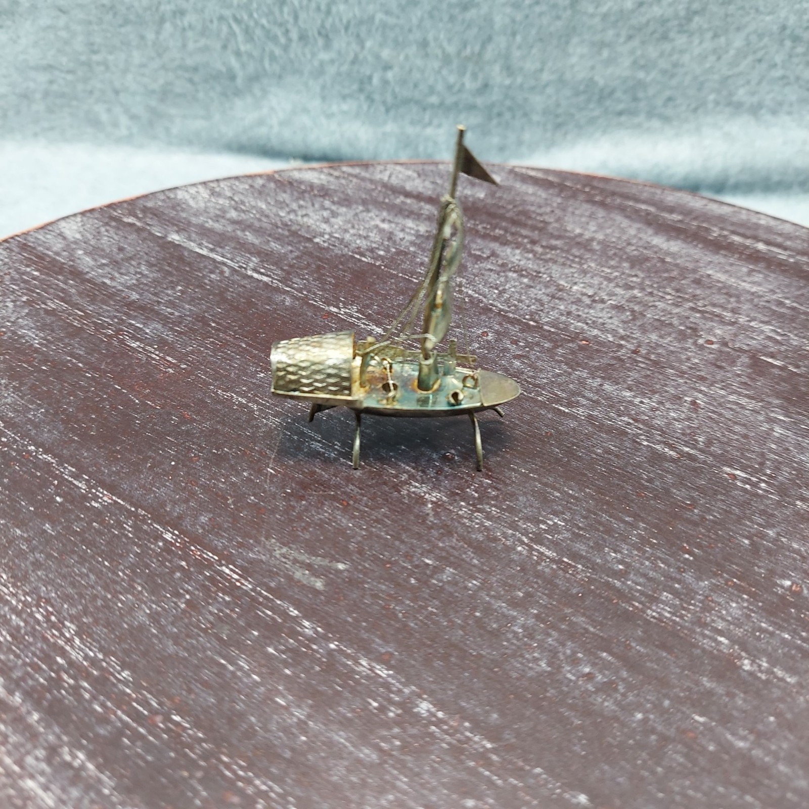 Chinese Silver Color Junk Boat Solid Metal Miniature Sailboat Sculpture Vintage