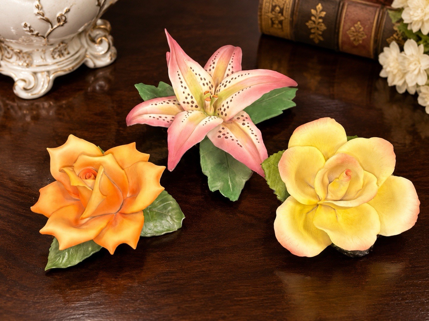 Vintage Capodimonte & Napoleon Italy Porcelain Flowers Lot 3 Lily Roses