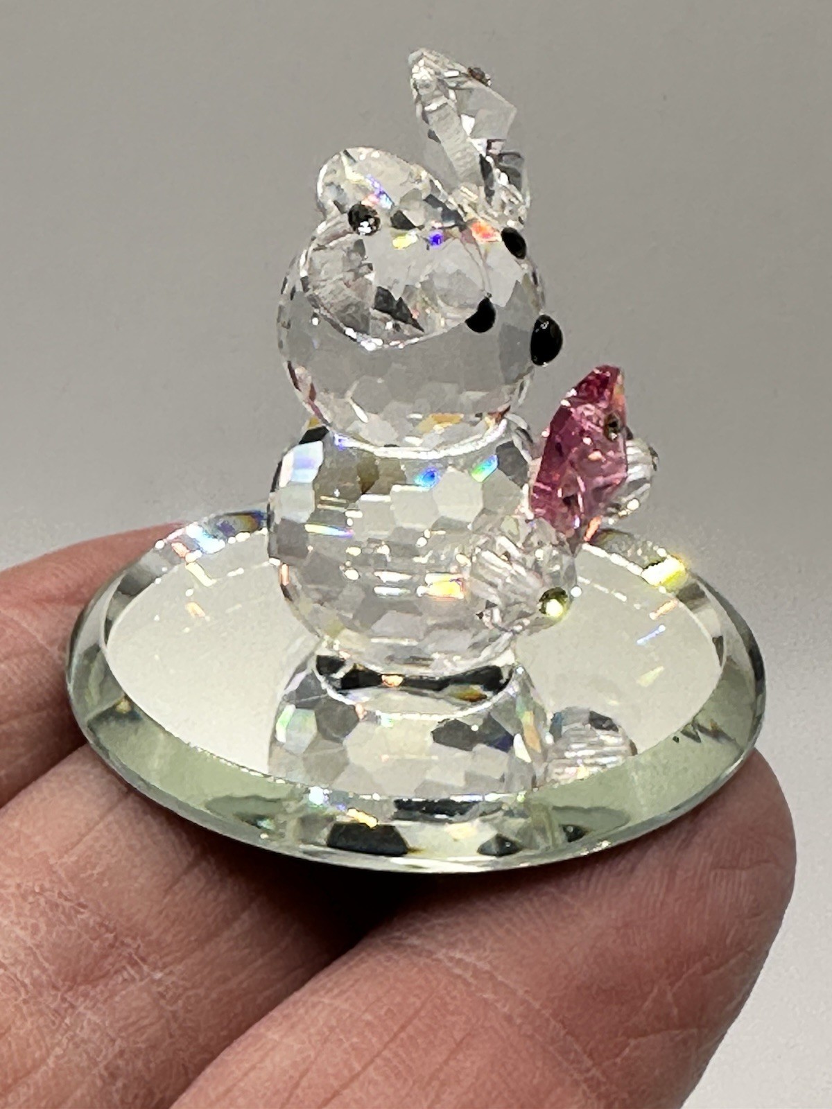 Clear Crystal Teddy Bear With Pink Heart Figurine On Round Beveled Mirrored Base