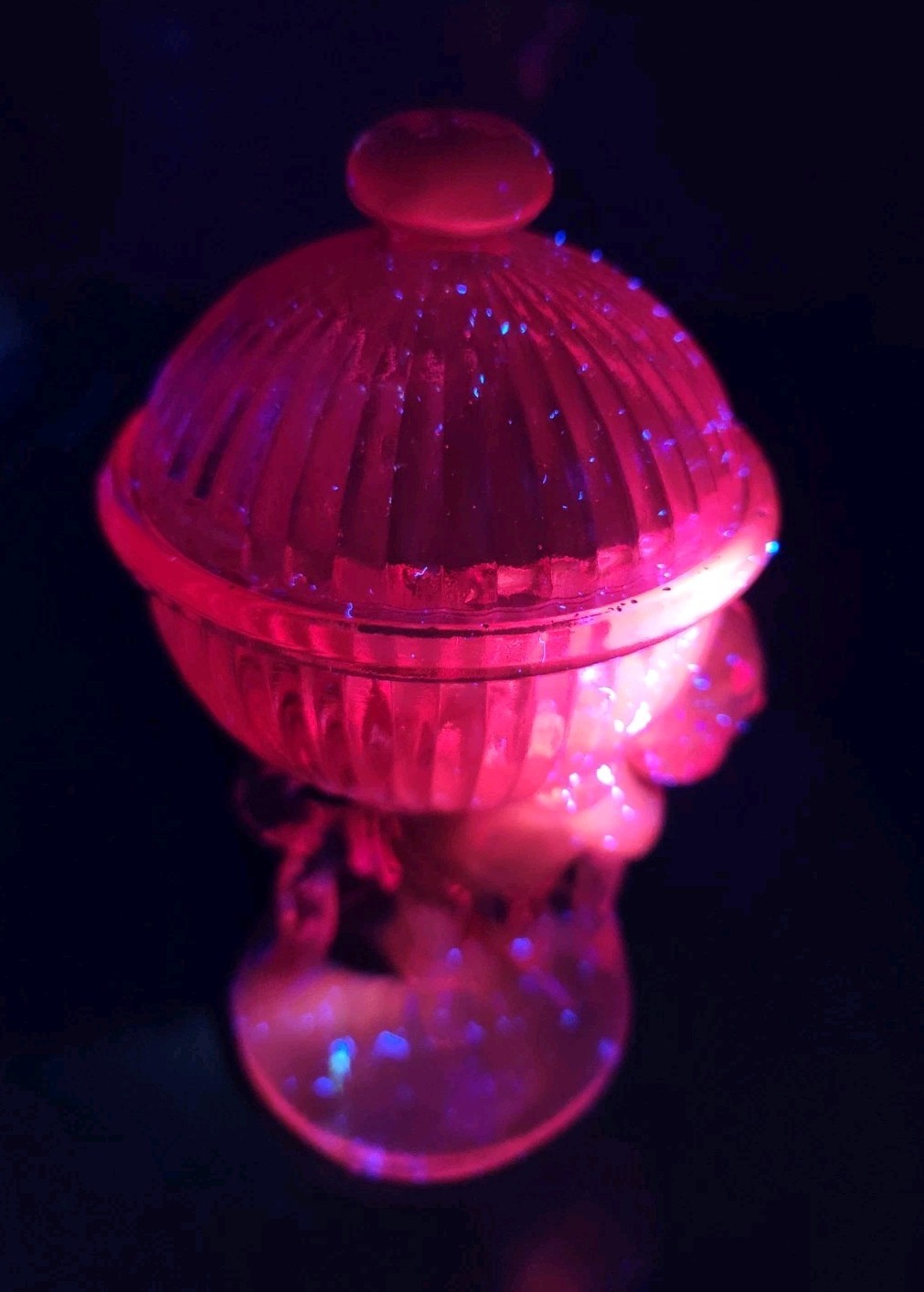 Vintage Selenium Glass Cherub Boy Holding Fluted Globe Lidded Candy Jar 6.25″ H