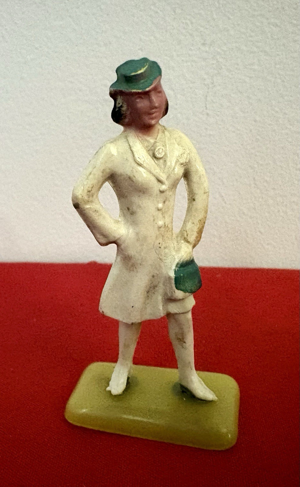 Vintage Composite Woman Toy Figurine Overcoat Hat Purse