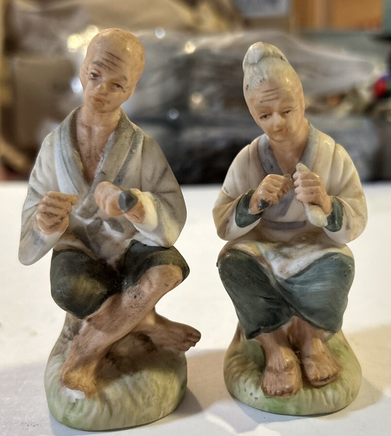 VTG ARCO Japanese Man & Woman Elders Bisque Figurines 3.75”
