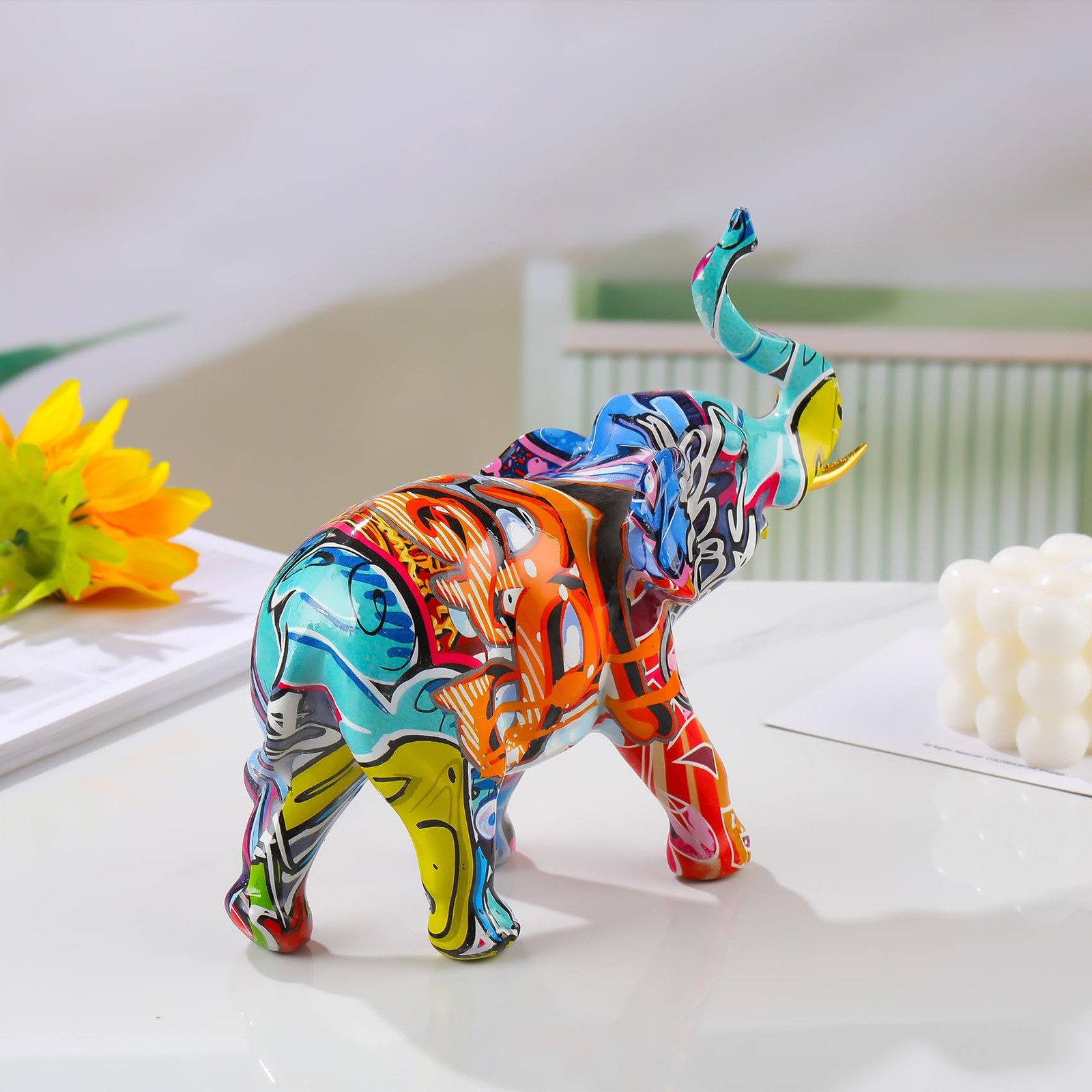 7.4 Inch Resin Colorful Elephant Collectible Figurine Home Office Decor