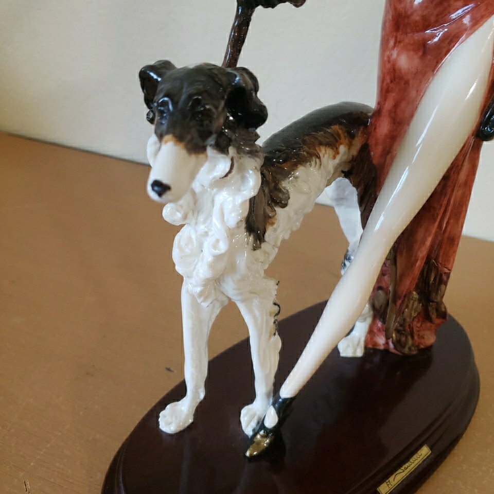 A. Santini Signed 17″ Sculpture Figurine Elegant Lady Walking with Borzoi Dog