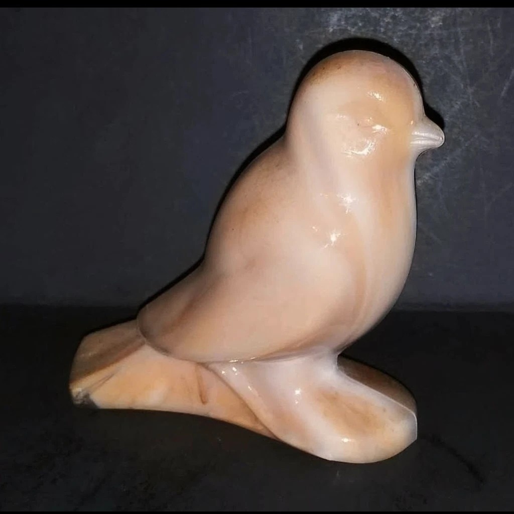 Polished Carved Stone Bird Figurine on Base Beige/Brown Tones