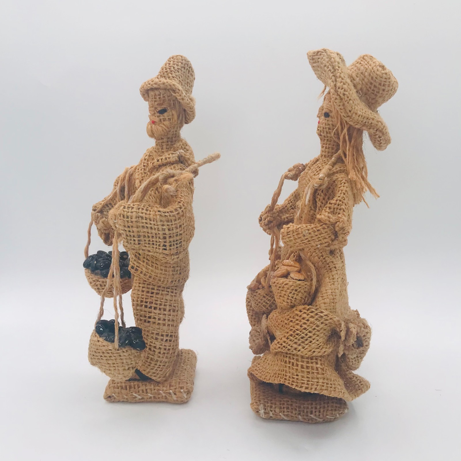 Vintage Burlap Peasant Man & Woman Carrying Produce Figurines Primitive Folk Art
