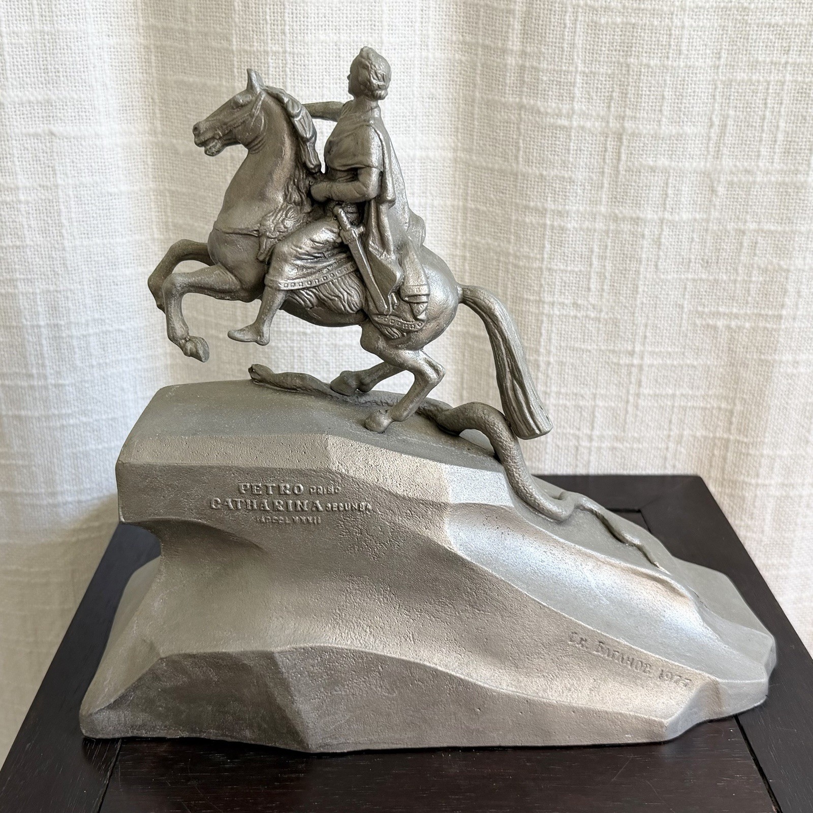 VTG Metal “Bronze Horseman” Tsar Peter 1 Soviet Era Silver Statue Signed 1977