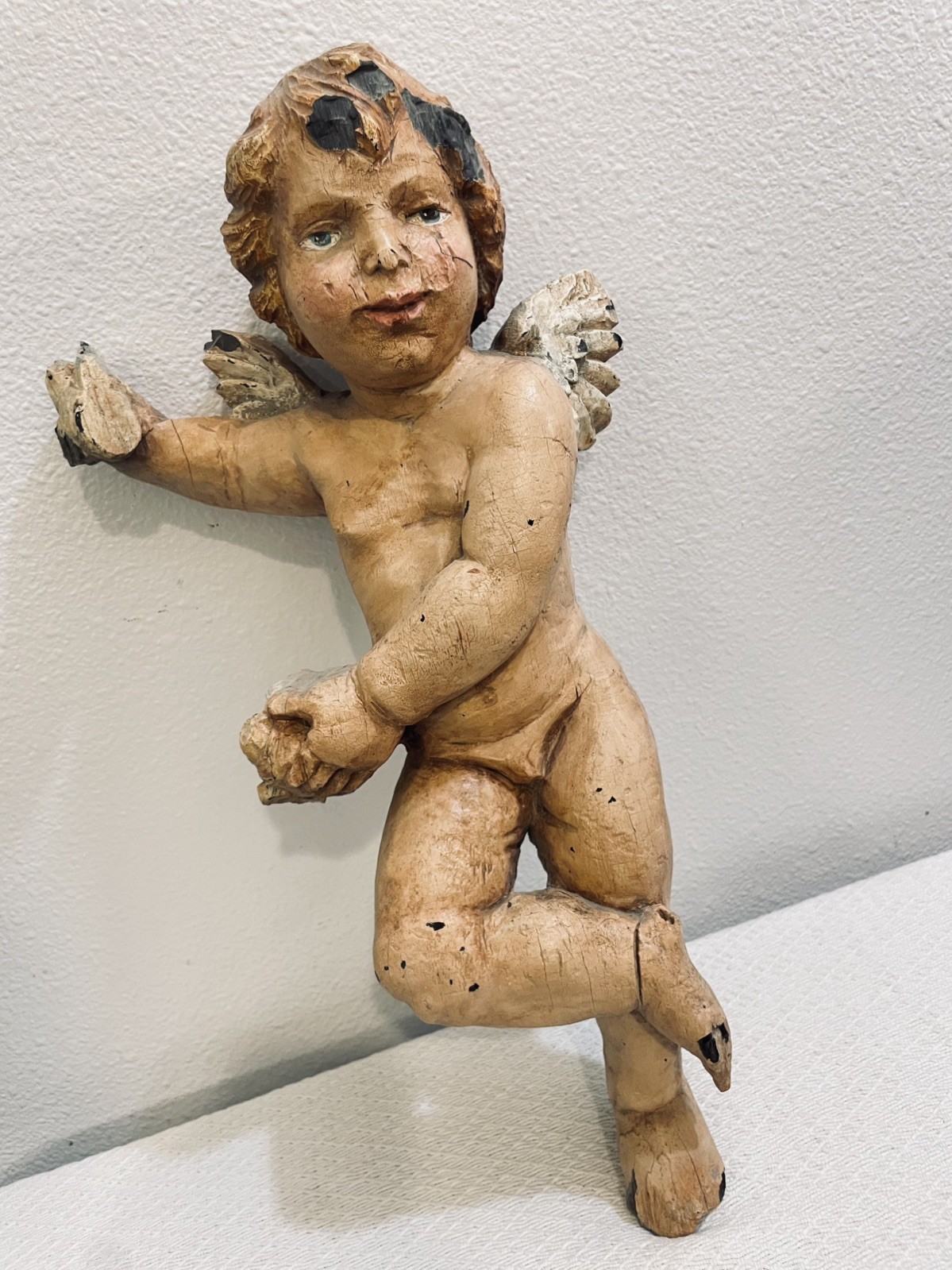 ANTIQUE ITALIAN BAROQUE STYLE CARVED WOOD CHERUB PUTTO LIKELY FROM 19THc