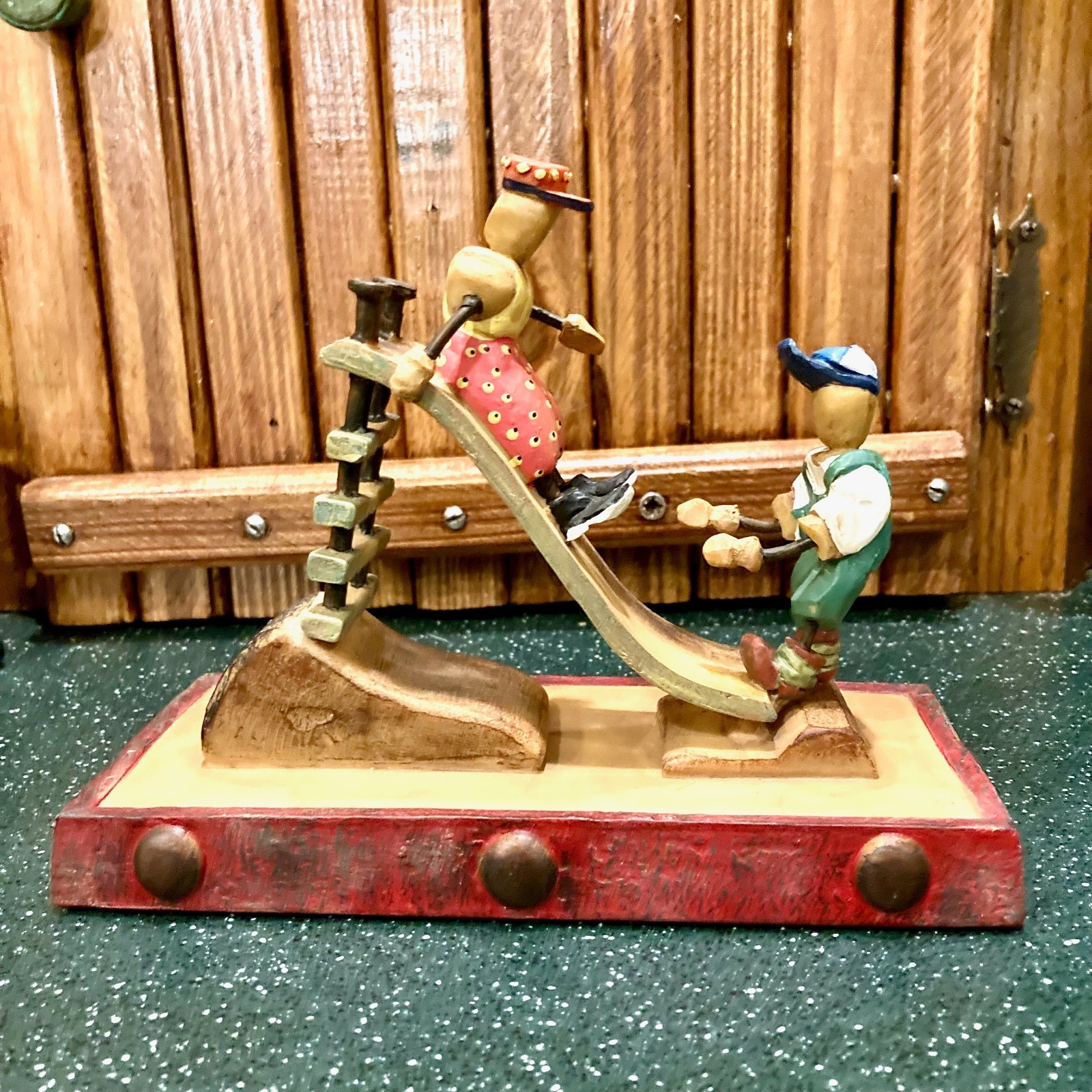 Signed Stephen Kelley Figurine Faux Carved Wood Sculpture: Children on a Slide