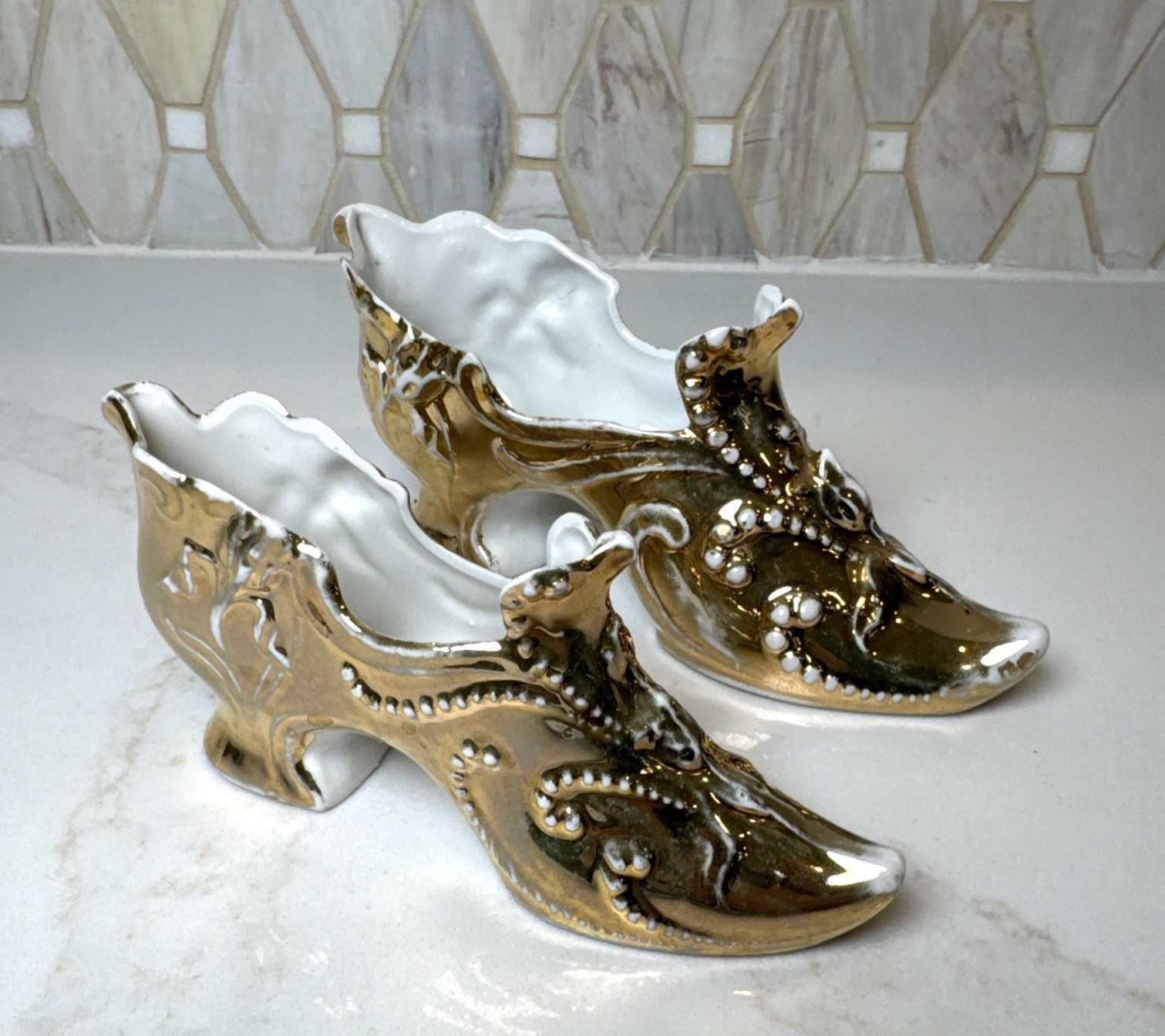 Set of 2 Antique Victorian Ladies Boots Shoes Decorative Porcelain Gold Glaze