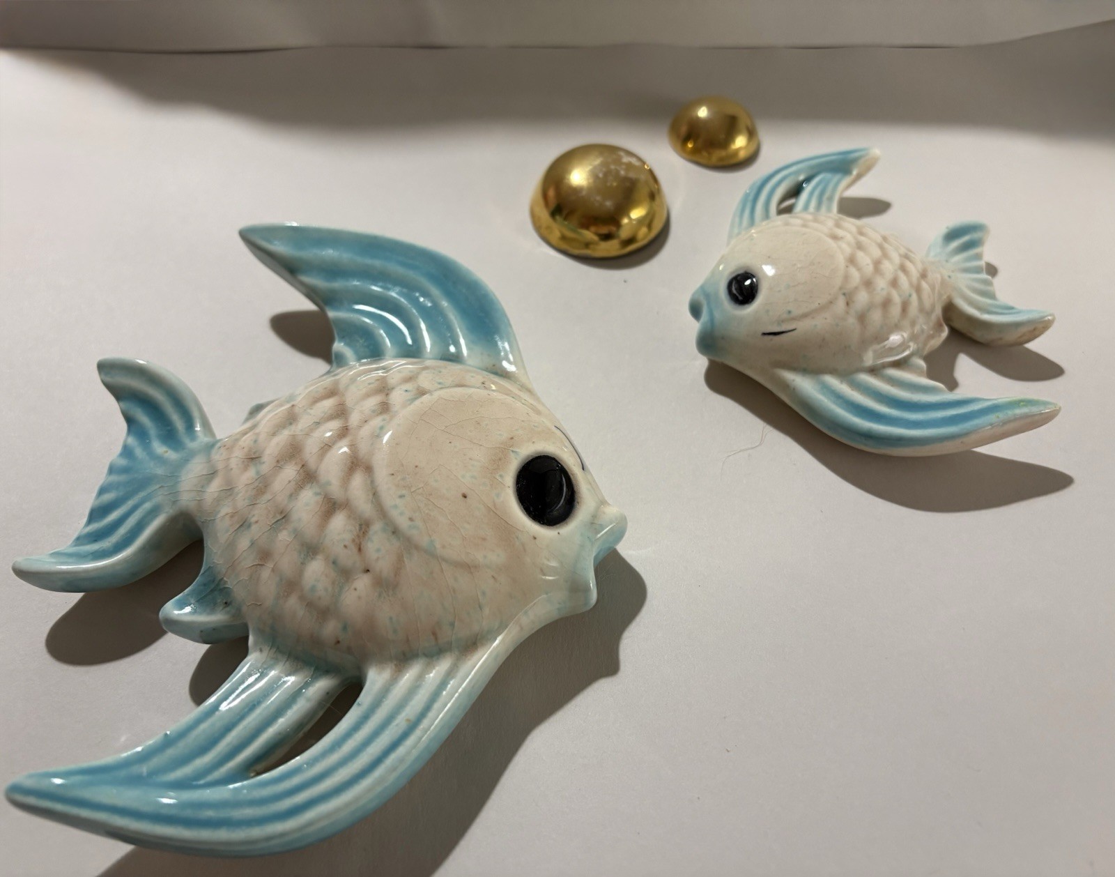 Vintage Ceramic Blue & White Fish Wall Figurines Set of 2, Glazed Nautical
