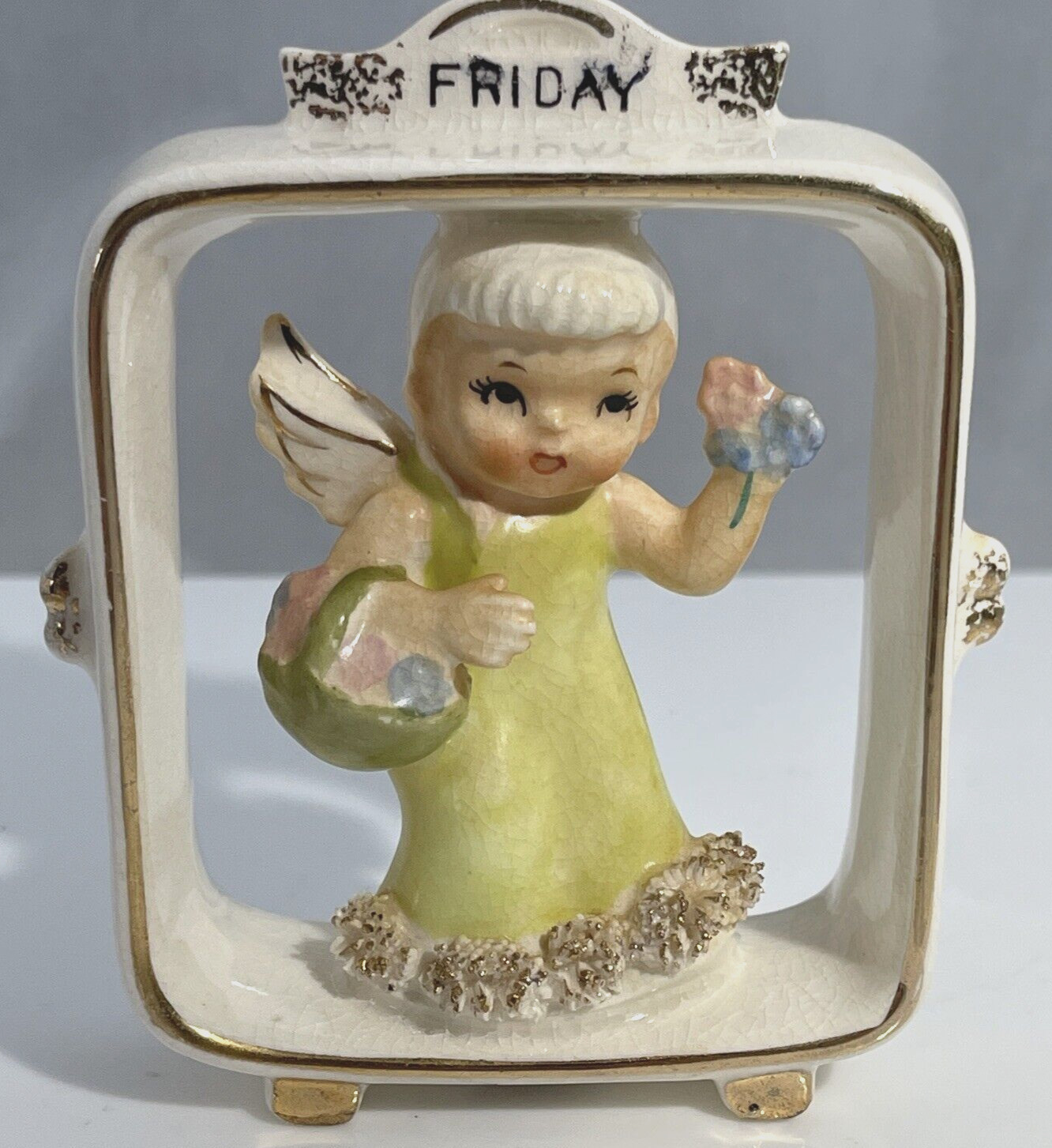 Geo. Z. Lefton Friday Child Of The Week Framed Porcelain Figurine Angel 1955