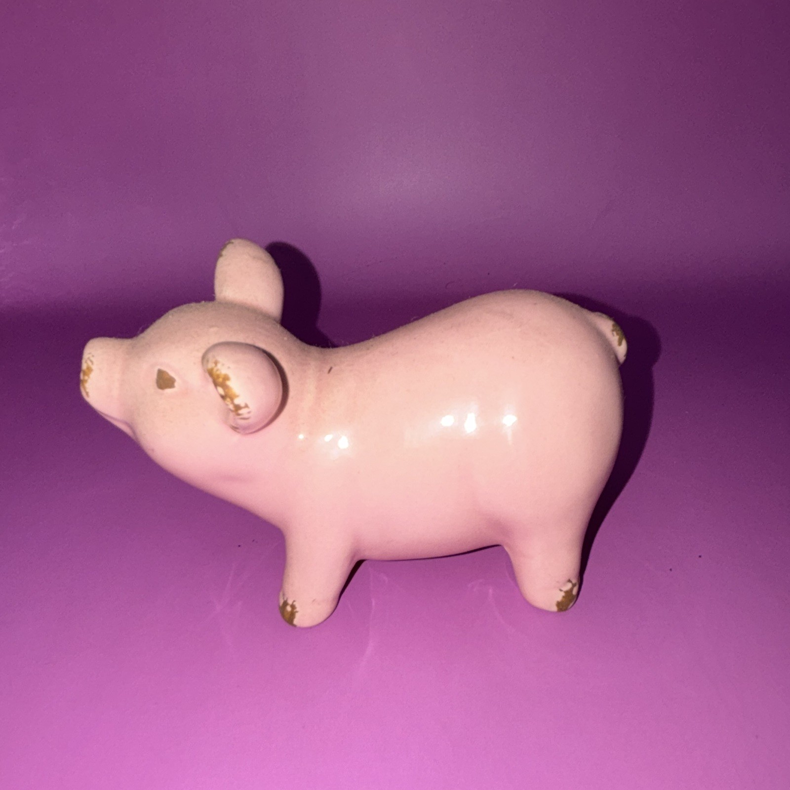 Pink Ceramic Pig Figurine Glazed Glossy Finish with Gold Accents Unboxed