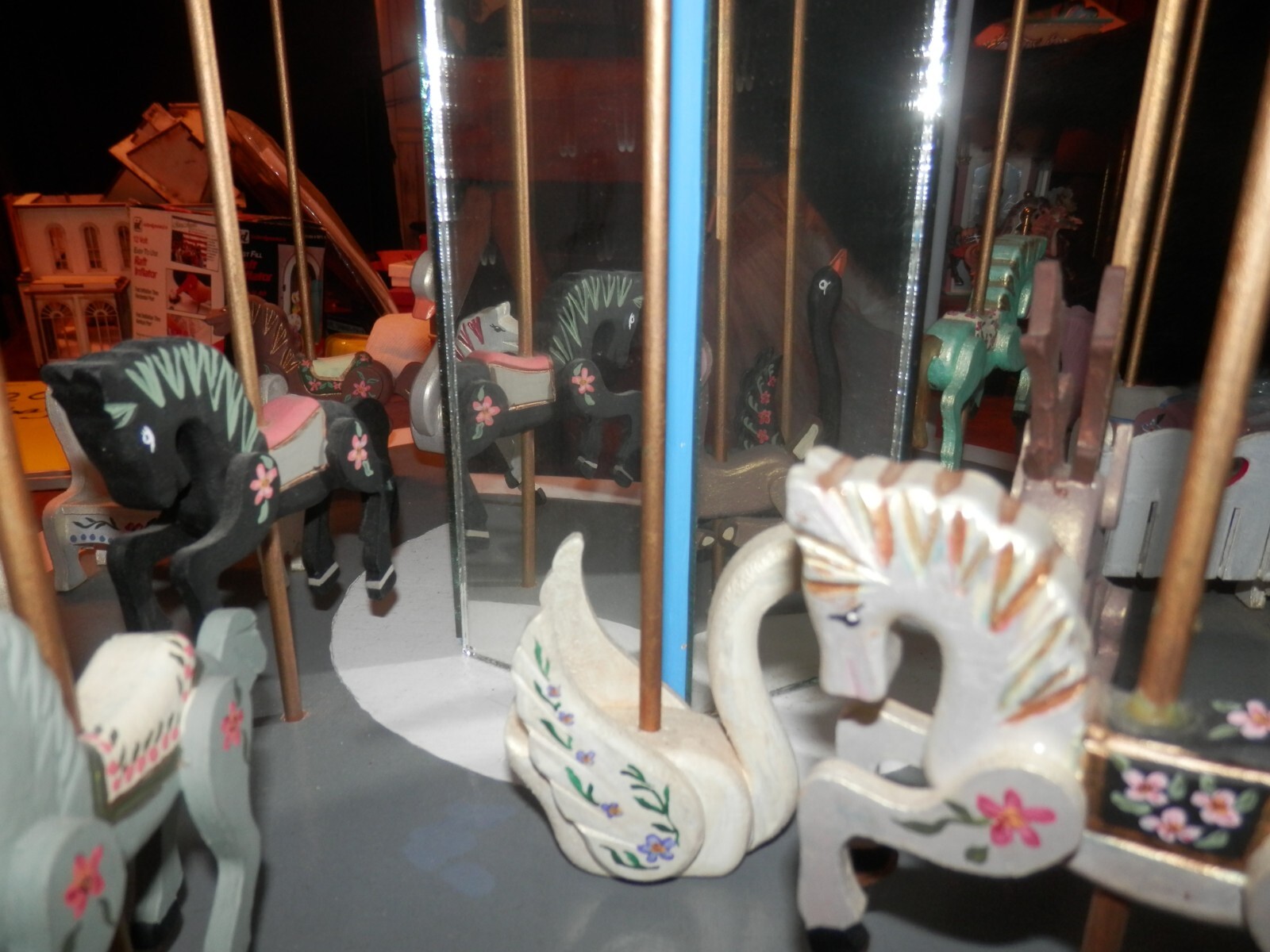 Large 23 x 18 inch Home Made Carousel, Unique Wooden Figures, Estate Sale Find