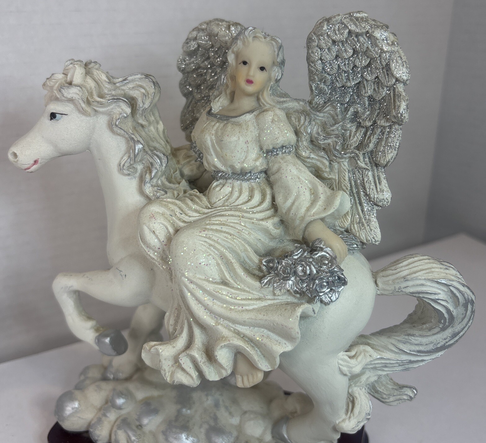 Gorgeous Glittering White Silver Winged Angel Riding A White Horse Figurine
