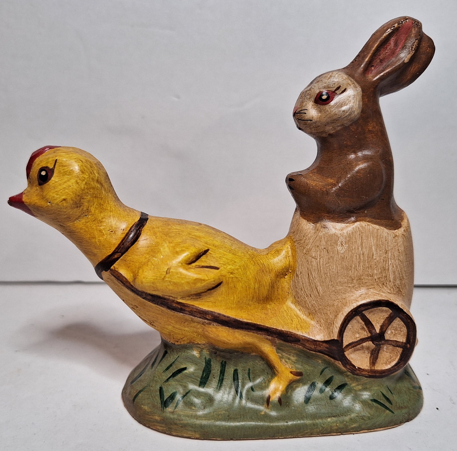 Richard Connolly Folk Art Bunny Rabbit With Chick In EggCart Chalkware 1999 #27