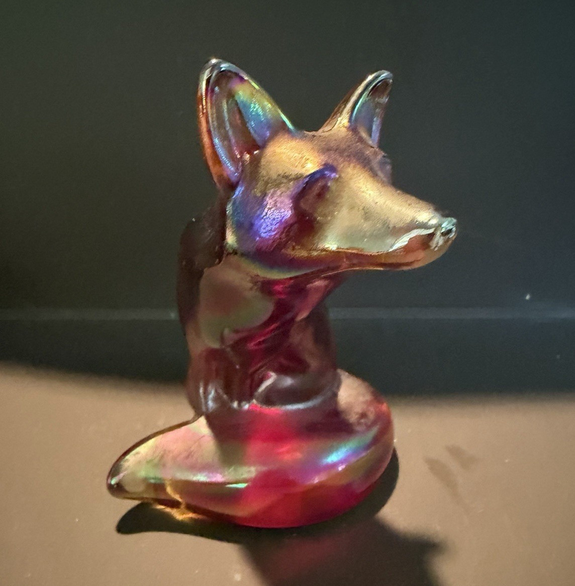 Fenton Art Glass Ruby Red Carnival Iridized Sitting Fox Figurine Model 5226 Sign