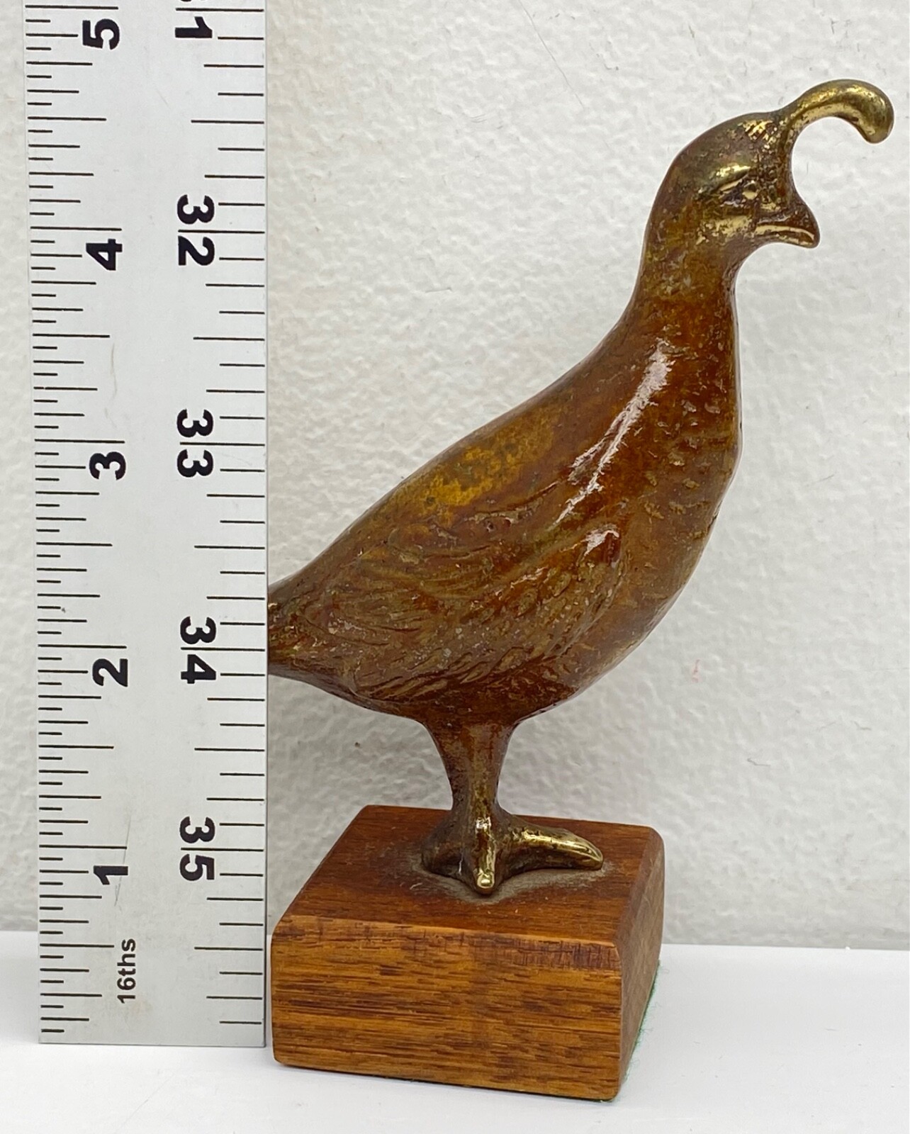 Antique Solid Brass Quail Figurine w/ Wood Base 5” Tall Metal Alloy Bird Statue