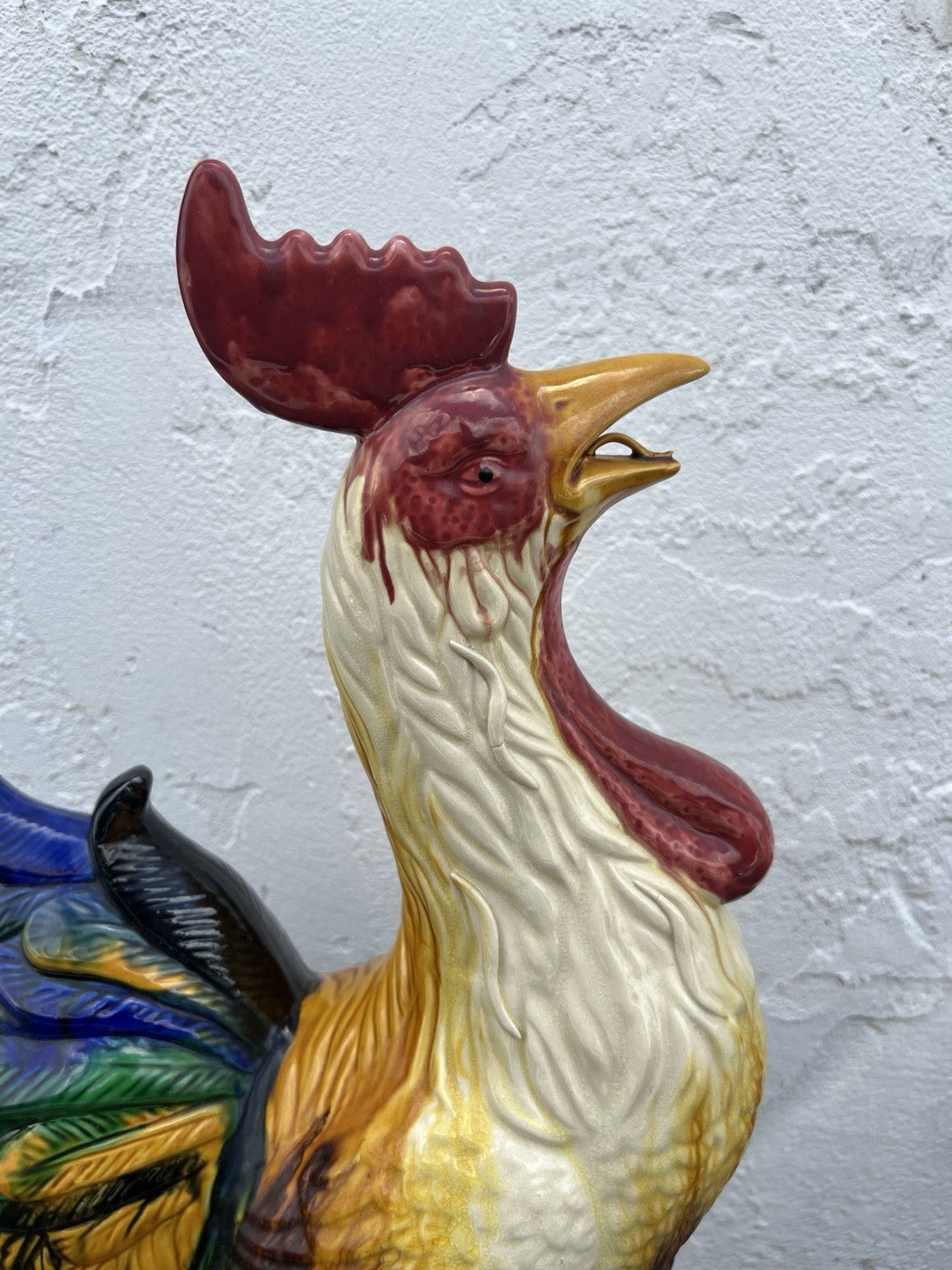 Vintage 12” Multi Color Ceramic Rooster Figurine with Classic Majolica Glaze