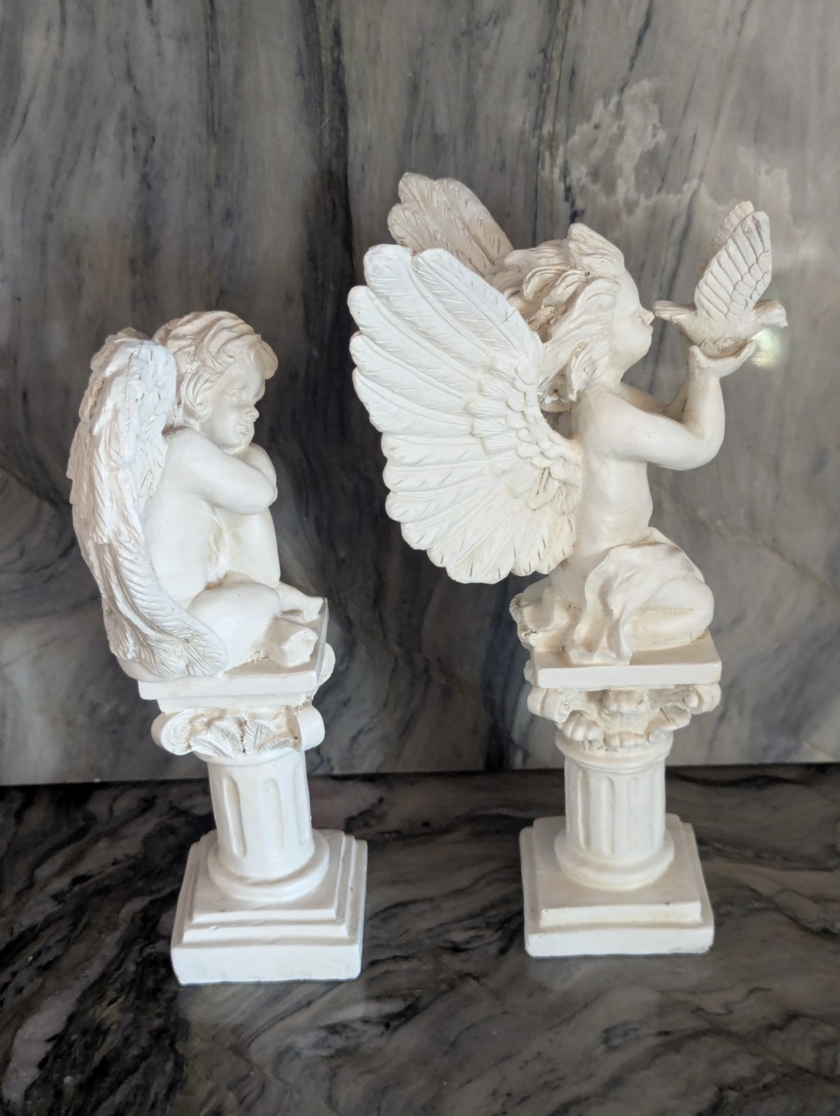 Cherub Angel Statue Pair Corinthian Column Pedestals Dove Wings 8″ 9″ Decor