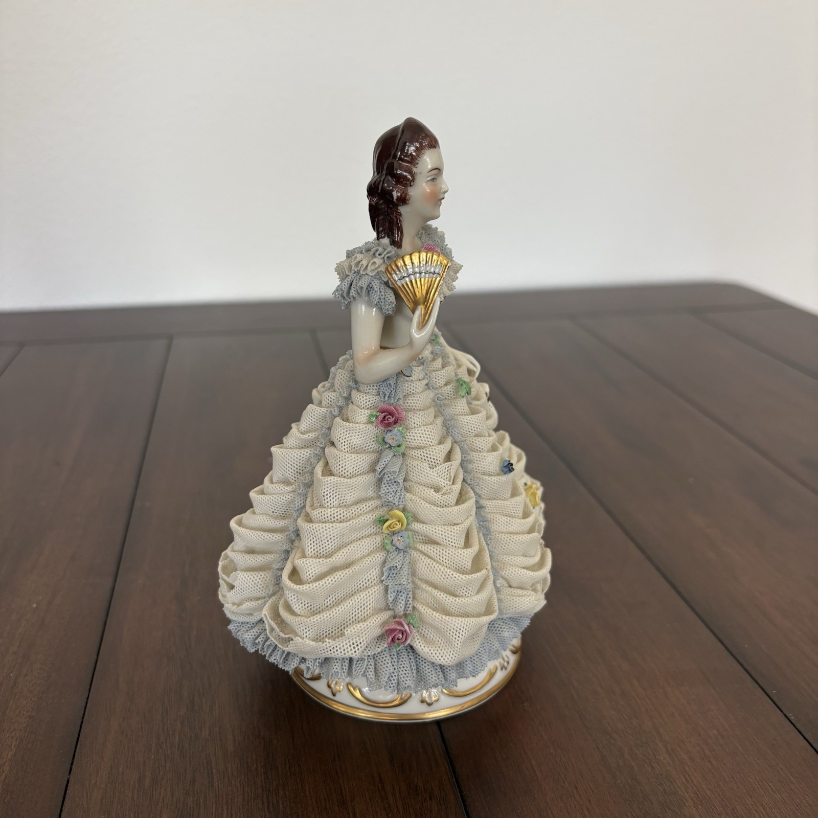VTG MZ Germany Dresden Lace Lady Figurine | Elegant White Blue Dress Fan 7″