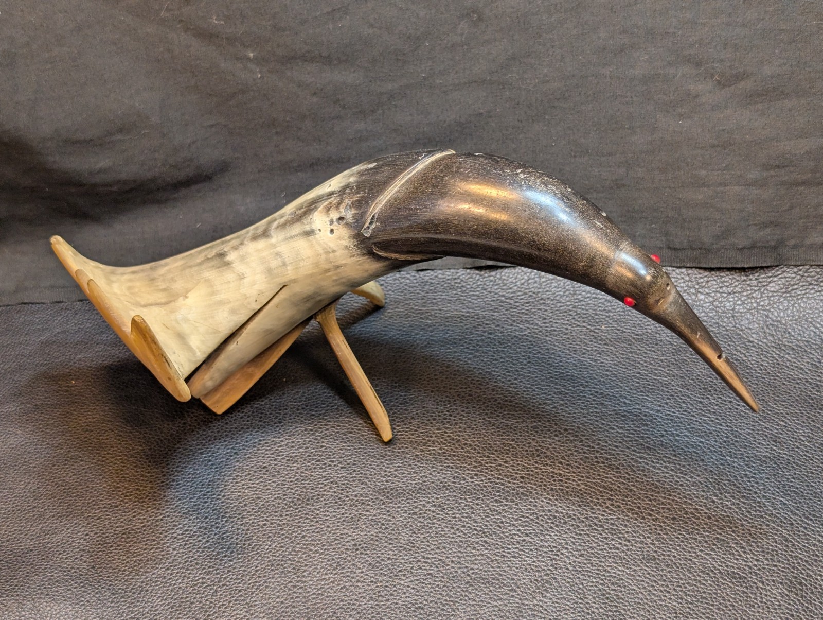 Folk Art Ox/Steer Horn Bird Mid Century Hand Carved Large 13.5in Horn