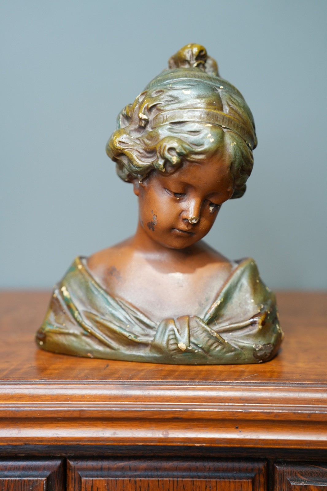 Vintage Art Nouveau Girl Head Bust Figurine Statue Plaster Chalkware Antique