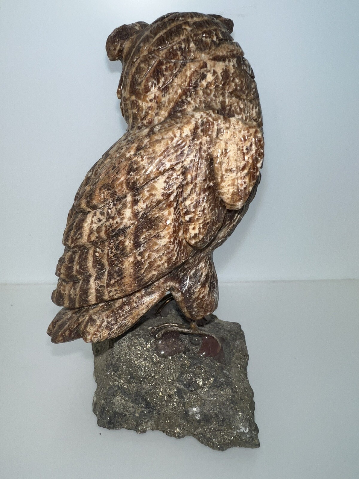 Hand Carved Multigemstone Sculpture Owl Made In Peru. 4.75 Inches Tall