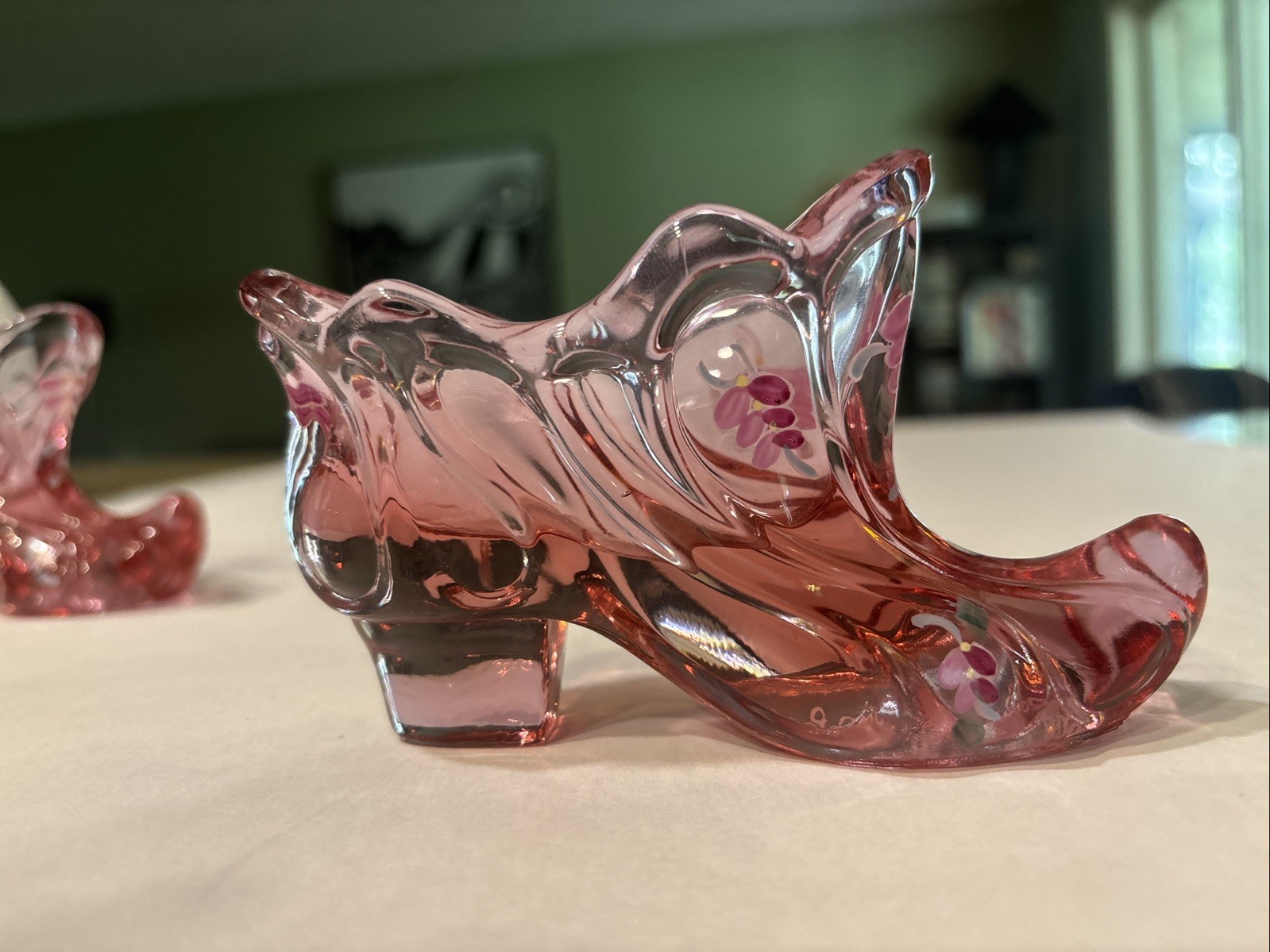Fenton Pink Glass Handpainted And Signed Slippers