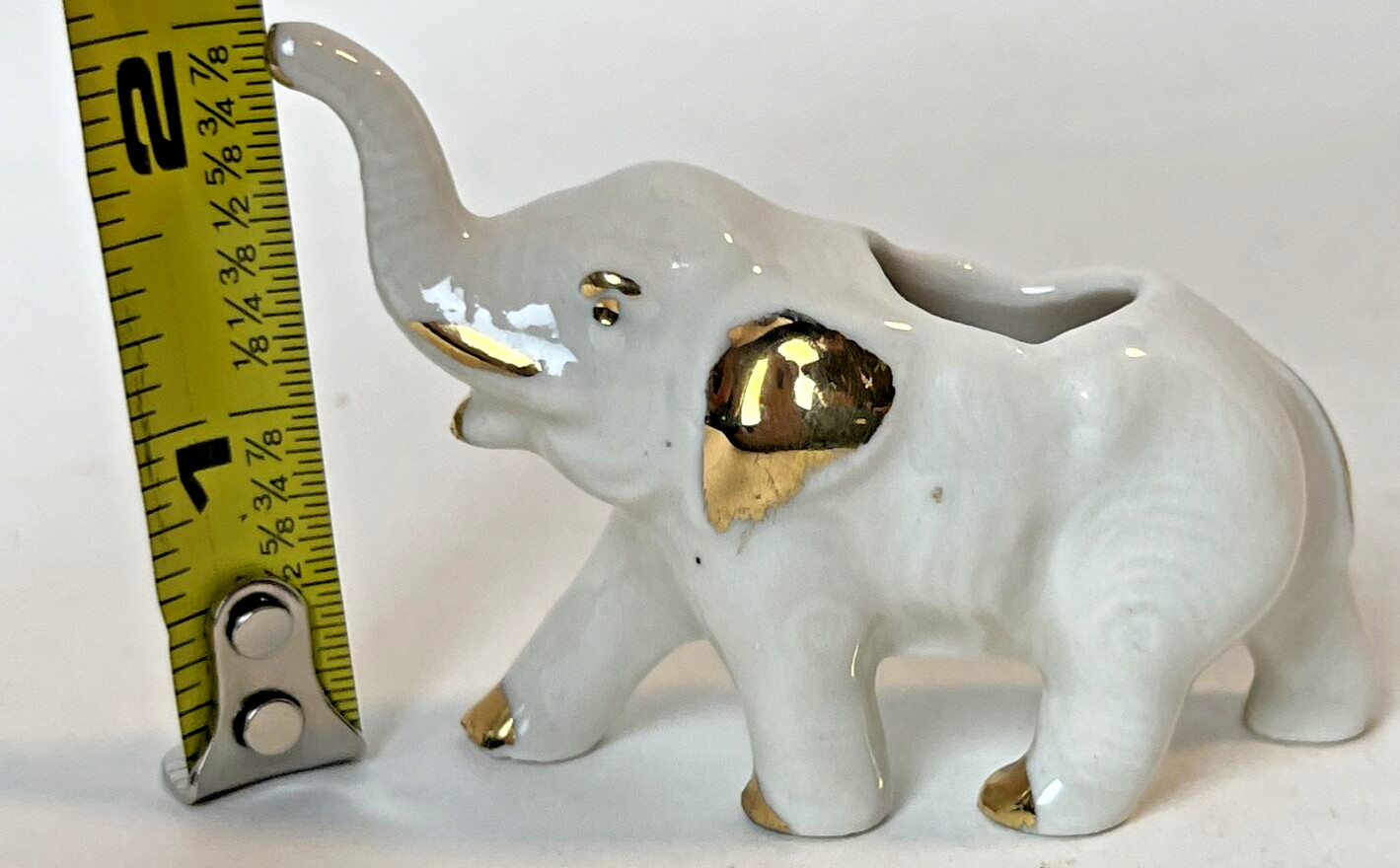 Vintage Miniature Elephant Planter Toothpick Holder White Porcelain Gold Accents